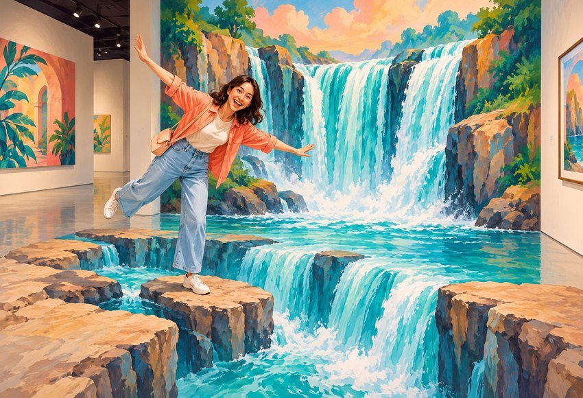 a visitor posing in front of an imaginative illusion mural where a painted waterfall seems to pour into a gallery floor. Clear gallery context, joyful optical illusion theme, turquoise and warm coral accents.
