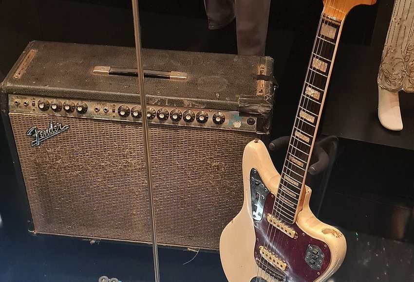Guitar and amplifier displayed at Australian Music Vault