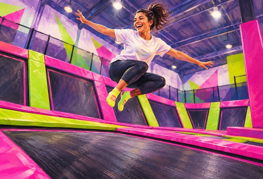 an adult bouncing safely on a large indoor trampoline surrounded by colourful padded trampoline bays. Dynamic diagonal view, bright magenta and lime accents, crisp playful energy.