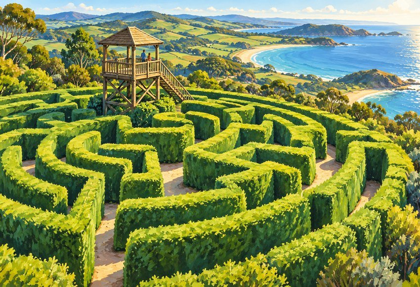 a tall green hedge maze with a timber lookout and rolling green hills on an Australian peninsula. Broad sweeping aerial oblique composition, warm sun, inviting paths.