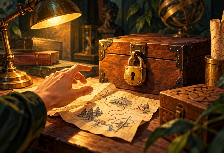 a mysterious puzzle room with a brass padlock, cryptic folded map, wooden boxes and a vintage desk lamp. Close view, golden light, deep forest shadows, a hand reaches toward the next clue.
