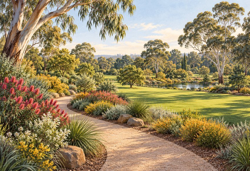 Original illustration: australian public garden with eucalyptus, lawn and flowering shrubs