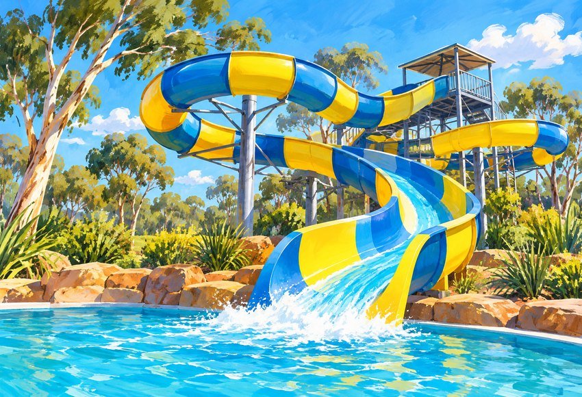 a colourful twisting blue and yellow water slide at an Australian amusement park with gum trees in background. Wide view, bright clear summer sky, inviting and lively.