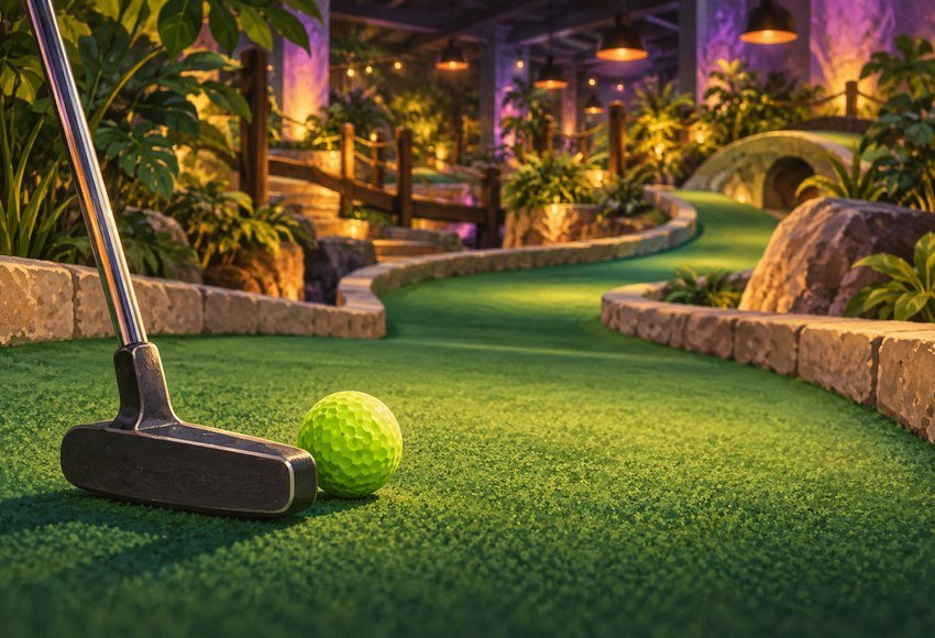 Original illustration: indoor miniature golf with lime ball and putter