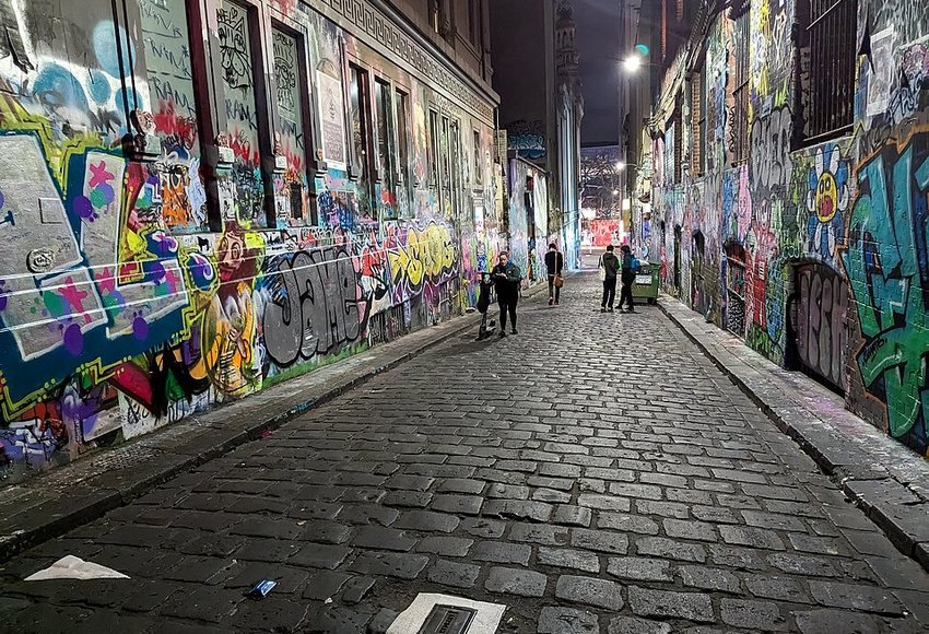 Colourful murals and cobblestones in Hosier Lane