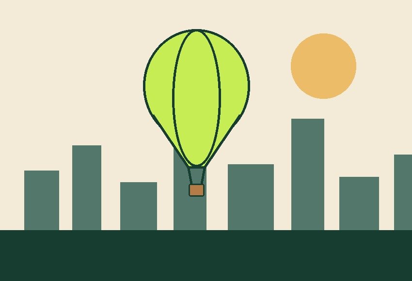 Illustration of a hot air balloon above a stylised city skyline