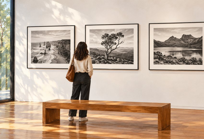 Original illustration: photography gallery with visitor and framed landscape prints