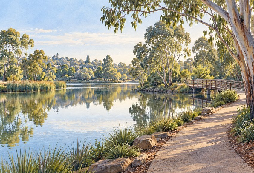 Original illustration: australian suburban lake and footbridge