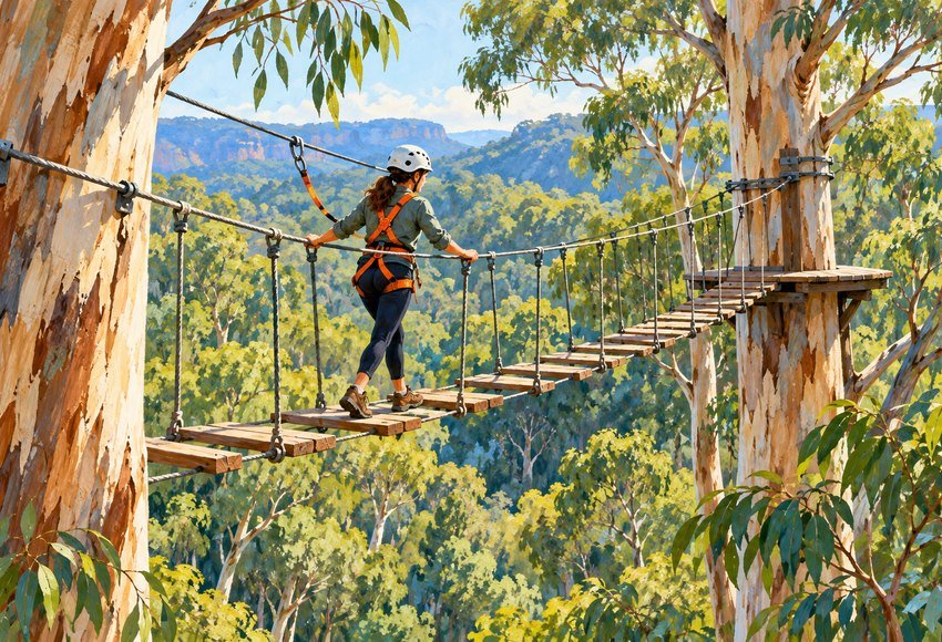 one adult wearing climbing harness and helmet on a rope bridge among very tall Australian eucalyptus trees. Mid-distance view, leafy green forest, orange harness as focal accent.