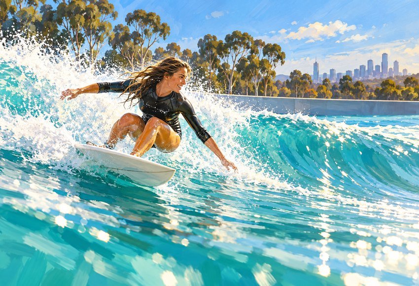 one surfer on a turquoise artificial wave in a large outdoor wave pool with a distant eucalyptus horizon. Low strong action composition, sparkling water, sunny Melbourne adventure mood.