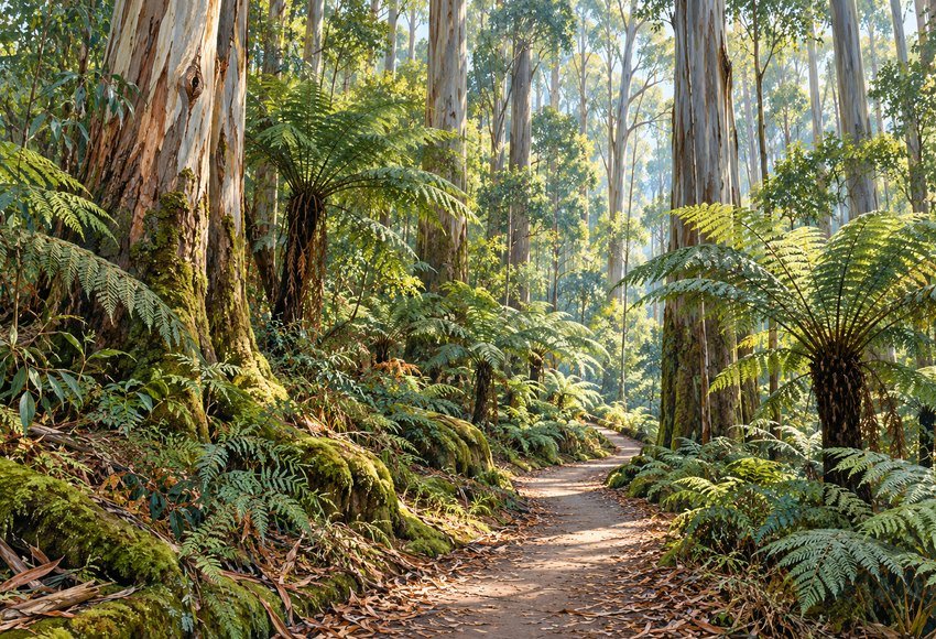 Original illustration: mountain ash forest walking path in the dandenong ranges